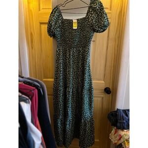 Kohls Green Floral Smocked Maxi Dress Short Puff Sleeve Tiered Square Neck S